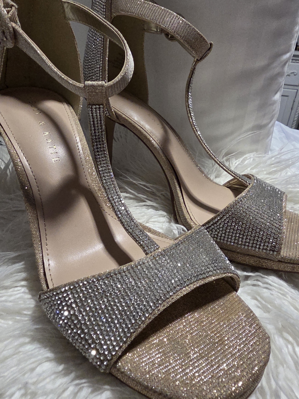 Sparkling T-Strap High Heel Sandals - Champagne Kelly & Katie